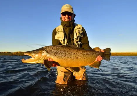 Angler holding a sea run brown trout at La Villa de Maria Behety - Marcos Hlace photo