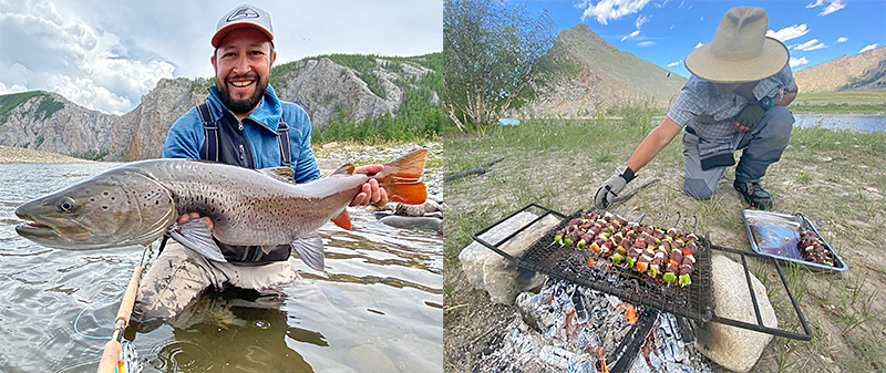 Erik Argotti with a taimen and Mongolia BBQ