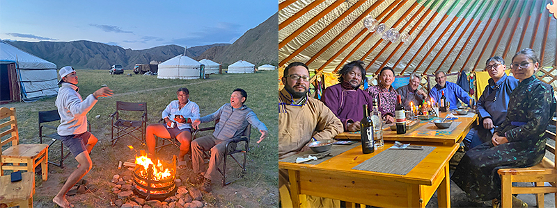Dancing around the fire and eating in the yurt