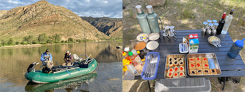 Anglers in a raft and the breakfast before the day of angling