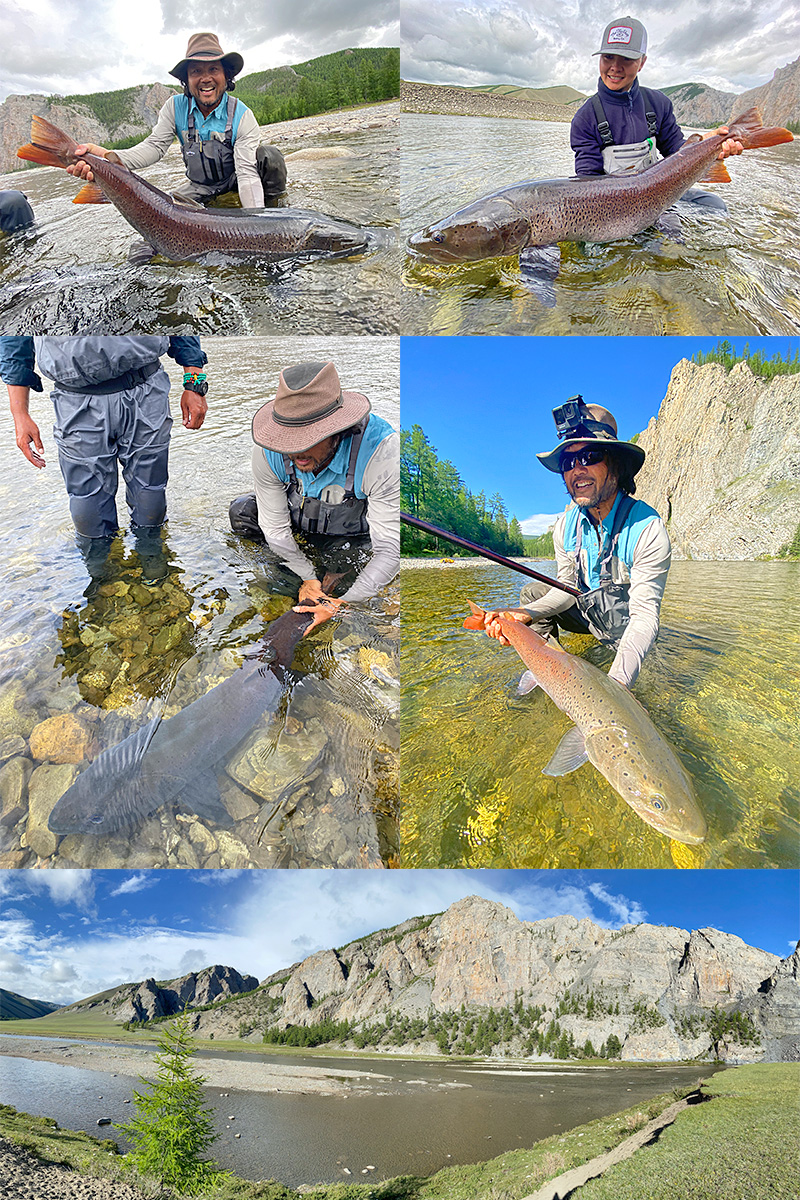 Anglers with large taimen and scenery of the river in Mongolia