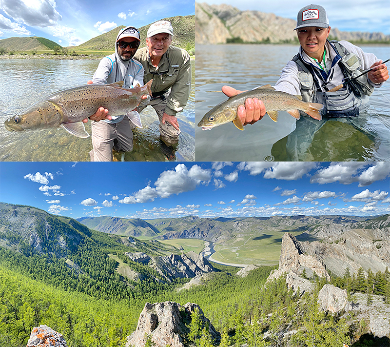 Anglers holding taimen and trout with a beautiful view