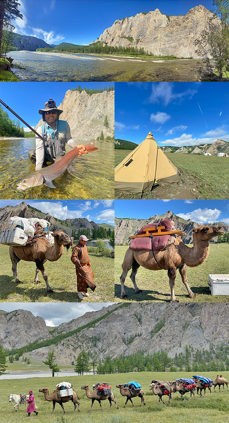 Collage of land travel, scenery and angler holding a taimen in Mongolia