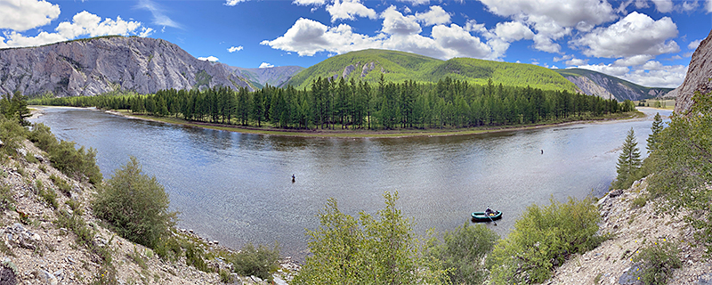 Aerial view of anglers wading in Mongolia