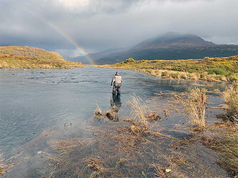 Wading with a rainbow in the baclground