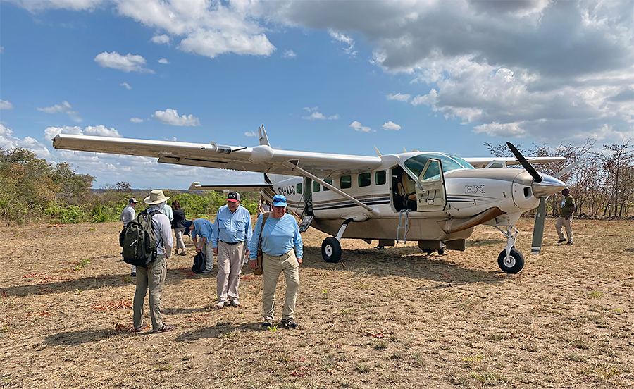 Getting off of the airplane in Tanzania