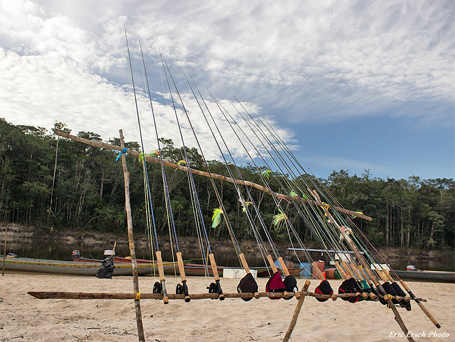 Fly rods on a rack at Rio Mataveni in Colombia