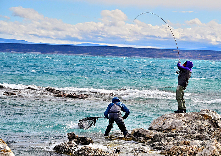 Angler and guide landing a fish at Lago Strobel Lodge