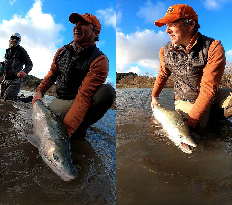 Chris King holding a steelhead with different lighting in each picture