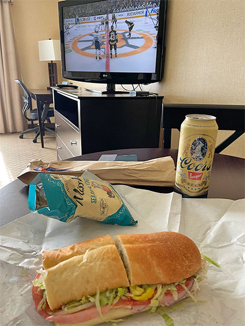 Banquet and sandwich watching the Bruins game