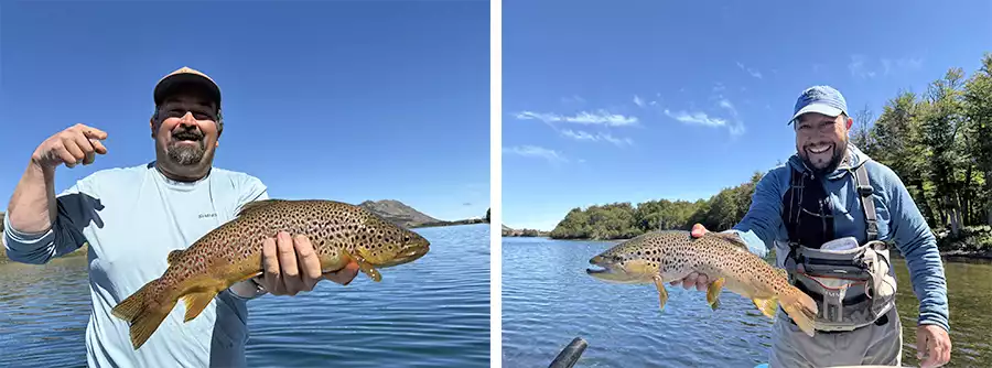 Anglers holding brown trout in Chile
