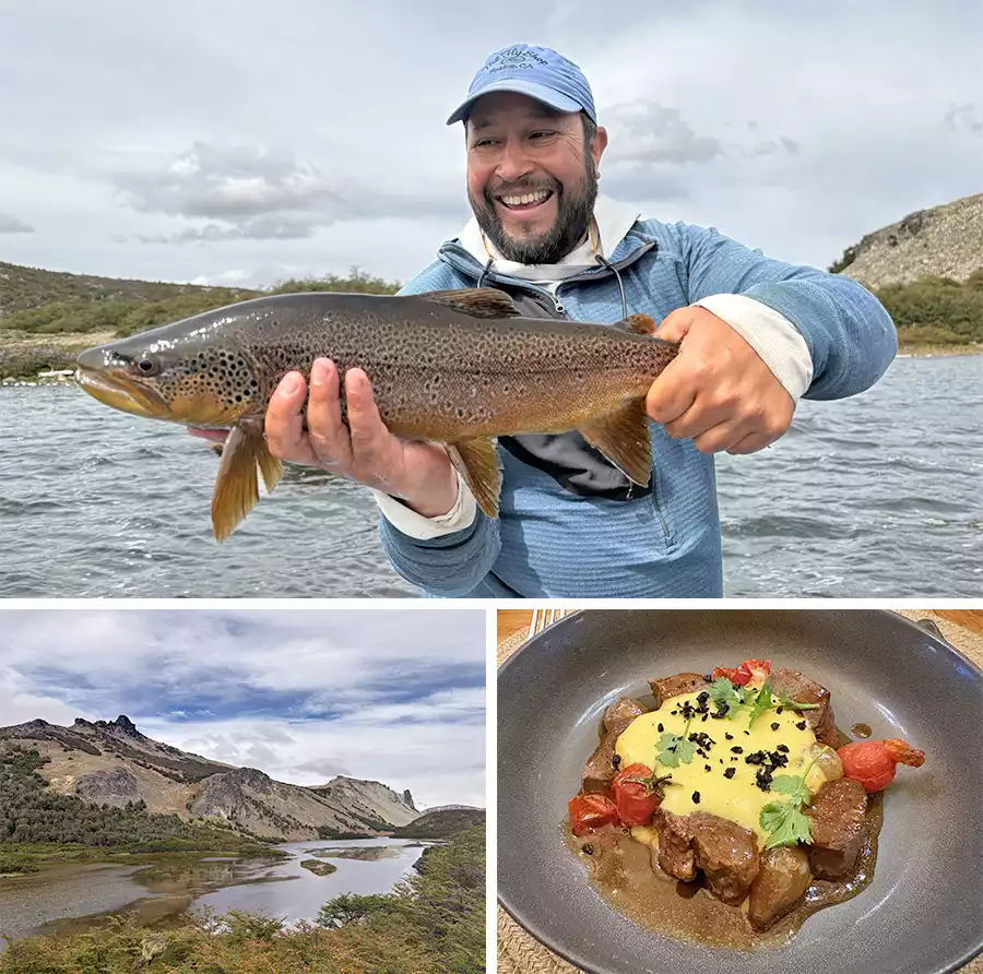 Erik Argotti holding a brown trout, scenery and amazing food