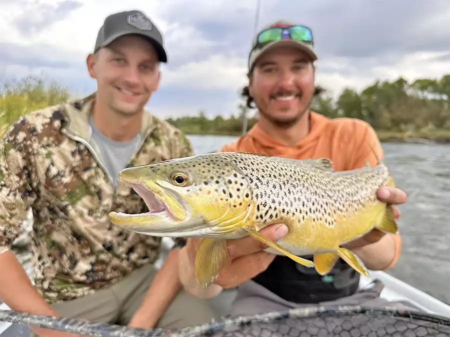 Preston Wedel holding a brown trout with his client